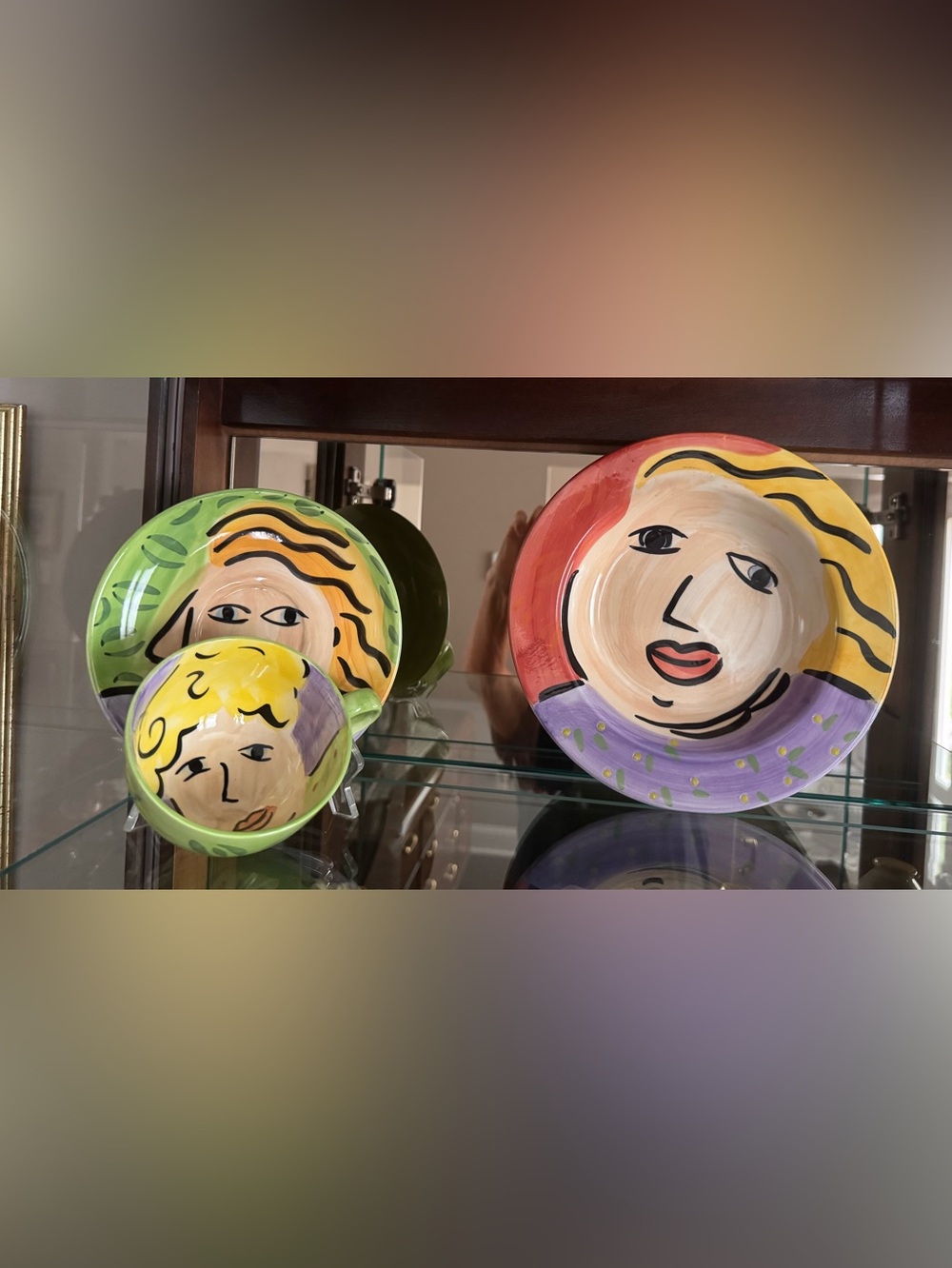 Hand-Painted Face Ceramic Bowl & Tea Cup/Saucer Set